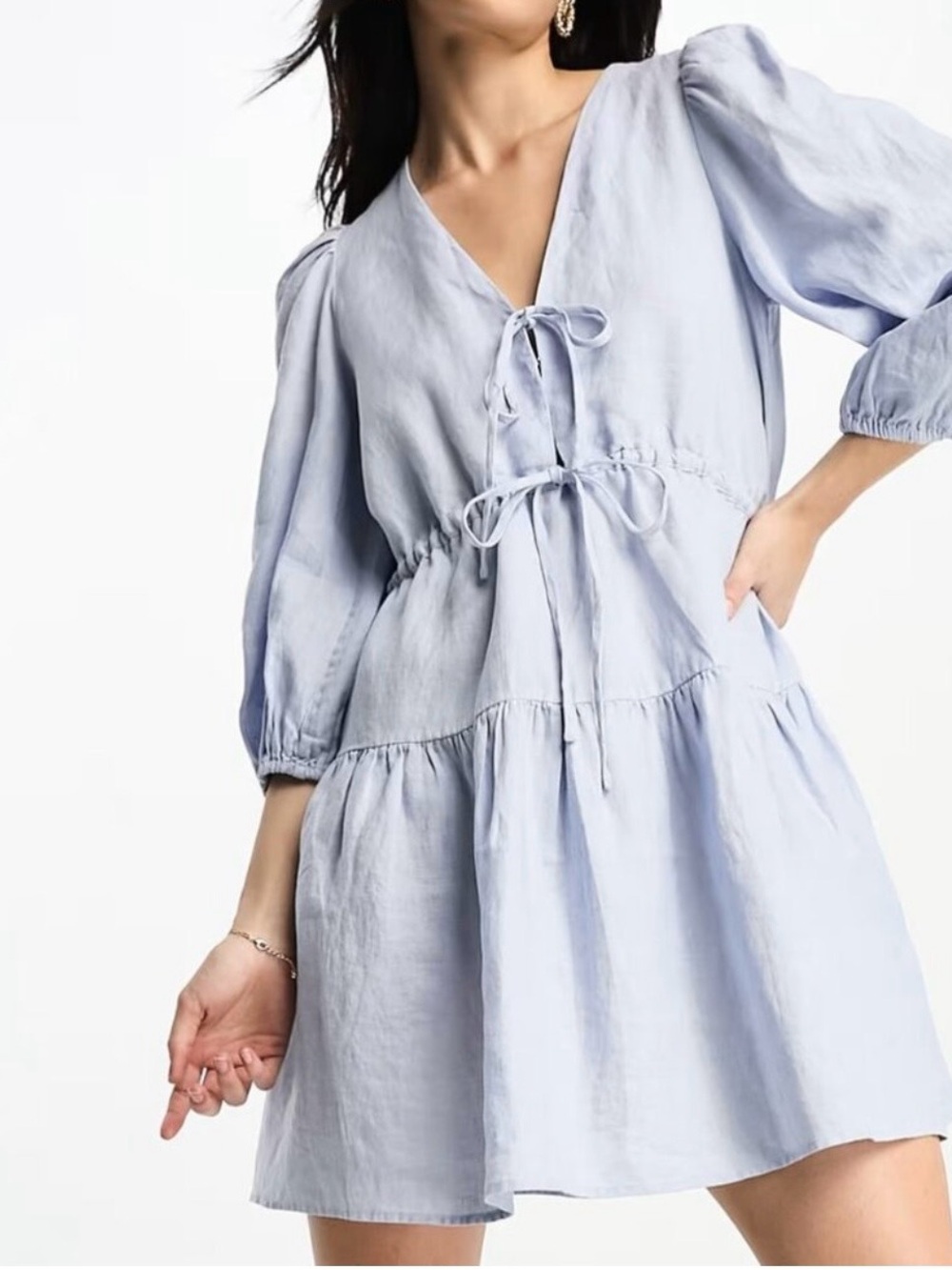 & Other Stories Pale Blue Tie-Front Tiered Mini Dress